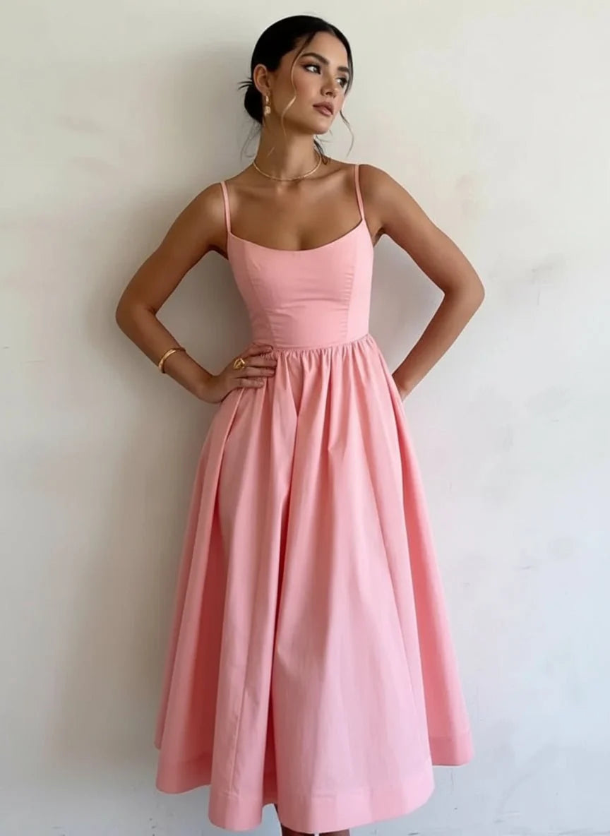 Spaghetti Strap A-Line Midi Dress Women Gathered Skirt – Veloria-Fashion