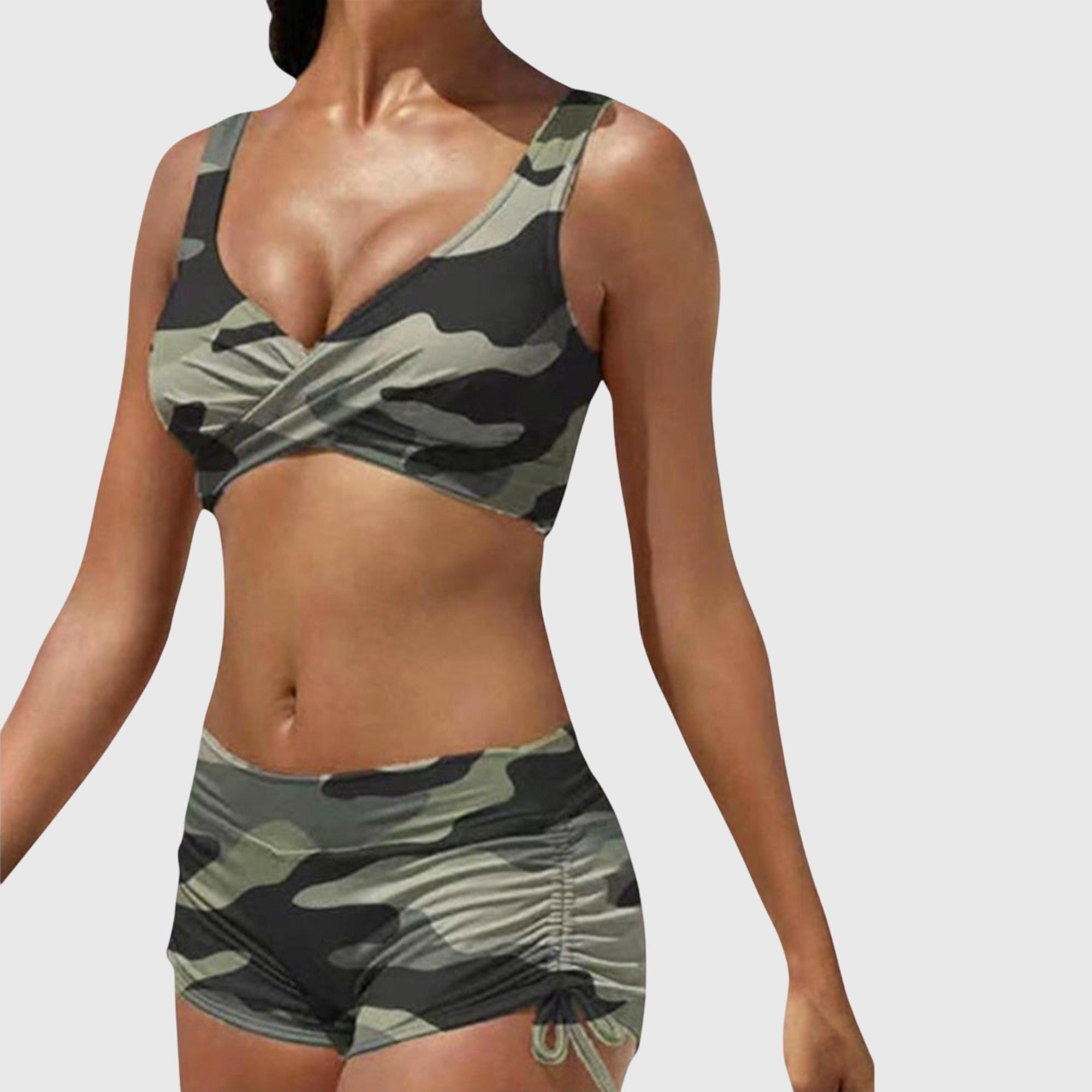 Green Camo Print Wrap Front Sporty Bikini Set