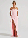 ROSALÉA – Off-Shoulder Bodycon A-Line Maxi Dress with Slit Baby Pink