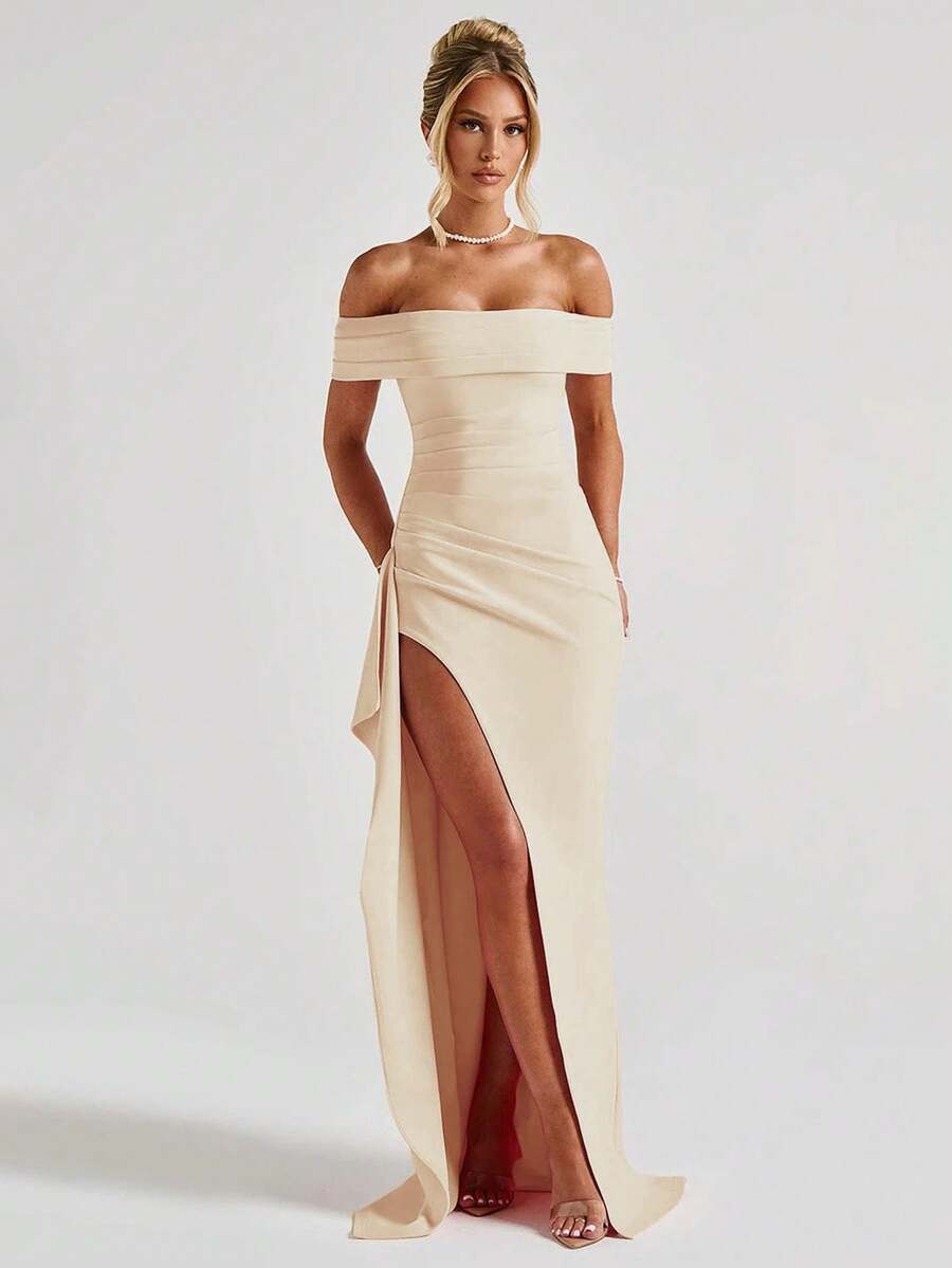 ROSALÉA – Off-Shoulder Bodycon A-Line Maxi Dress with Slit Apricot