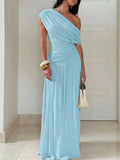 ZÉPHYR — One-Shoulder Ruched Maxi Dress Blue