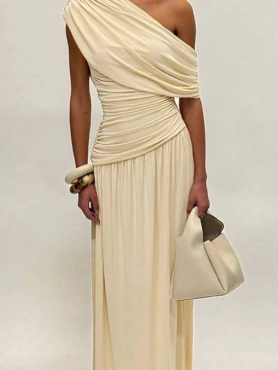 ZÉPHYR — One-Shoulder Ruched Maxi Dress Apricot
