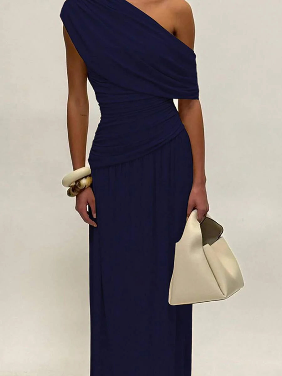 ZÉPHYR — One-Shoulder Ruched Maxi Dress Navy Blue