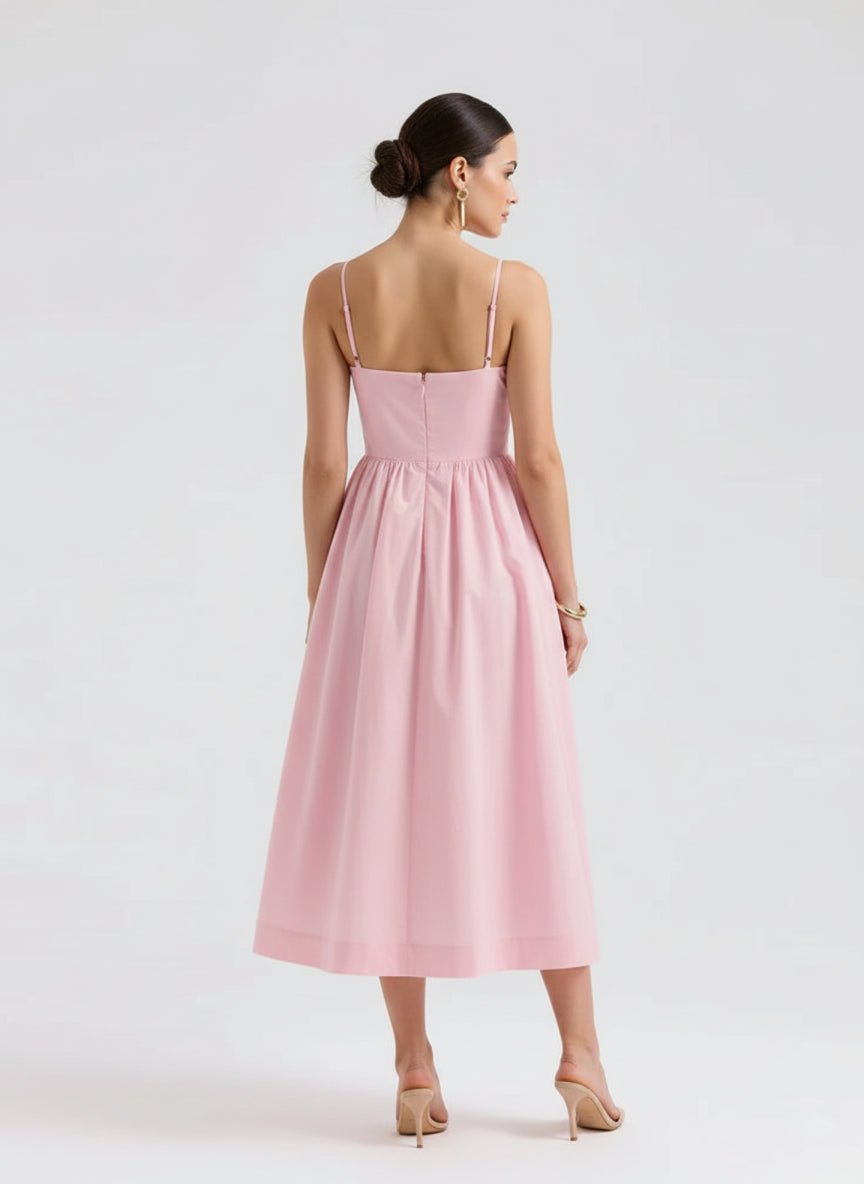 Spaghetti Strap A-Line Midi Dress Women Gathered Skirt