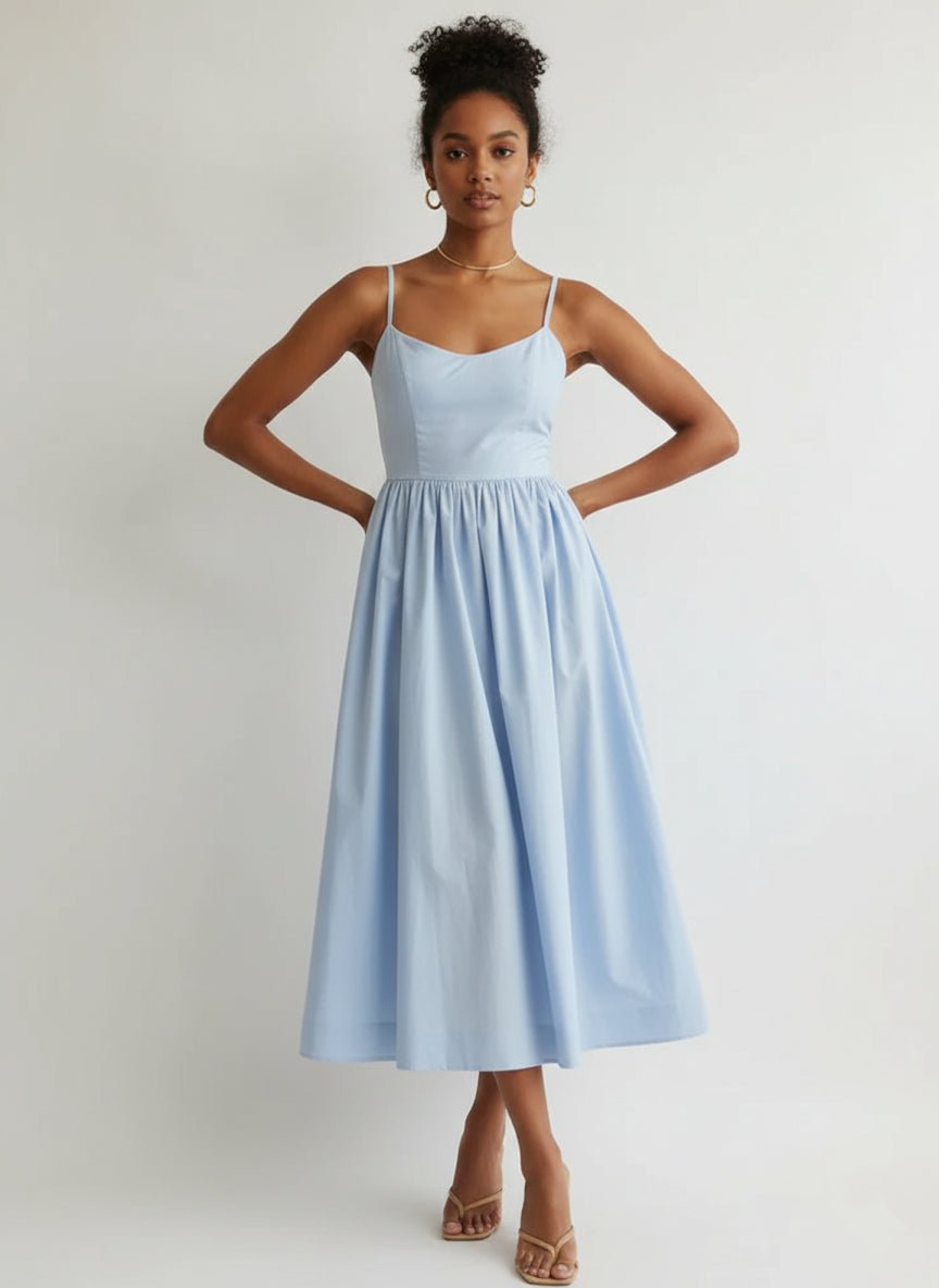 Spaghetti Strap A-Line Midi Dress Women Gathered Skirt
