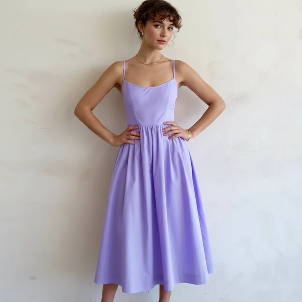 Spaghetti Strap A-Line Midi Dress Women Gathered Skirt