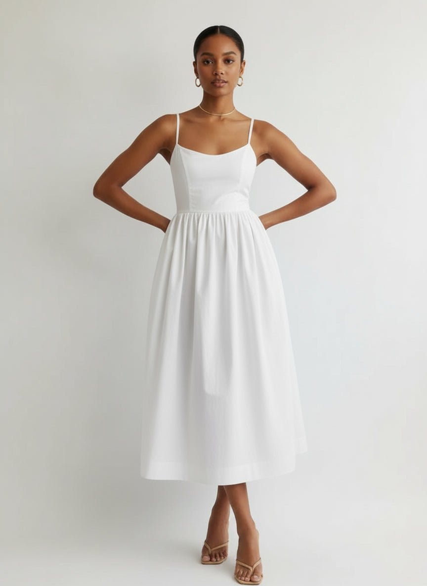 Spaghetti Strap A-Line Midi Dress Women Gathered Skirt