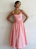Spaghetti Strap A-Line Midi Dress Women Gathered Skirt