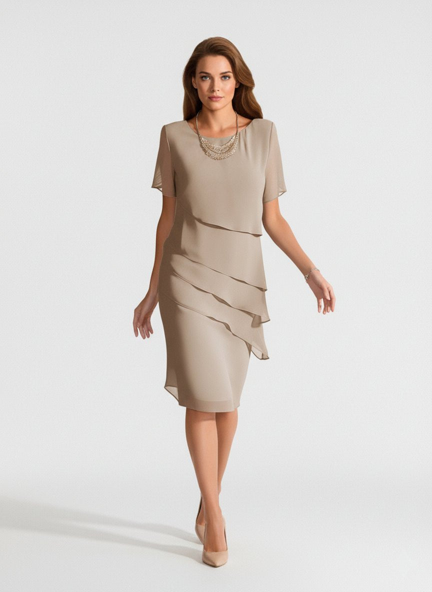 Tiered Chiffon Dress Women Short Sleeve Asymmetric Layers