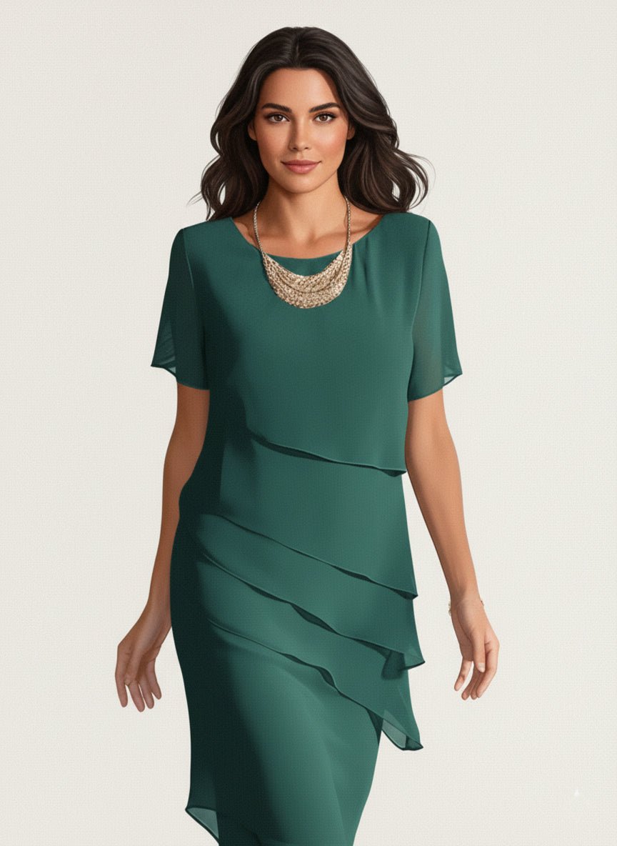 Tiered Chiffon Dress Women Short Sleeve Asymmetric Layers
