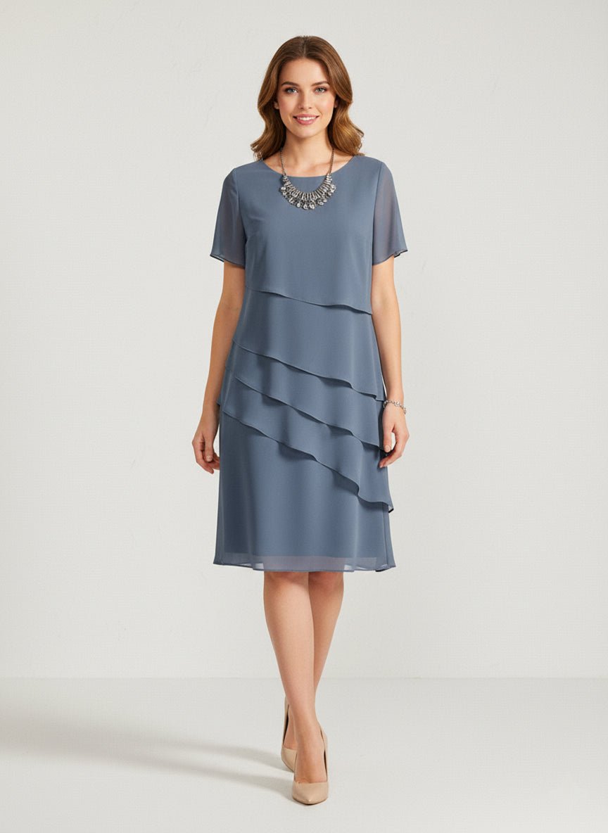 Tiered Chiffon Dress Women Short Sleeve Asymmetric Layers
