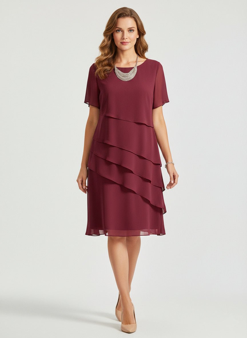 Tiered Chiffon Dress Women Short Sleeve Asymmetric Layers