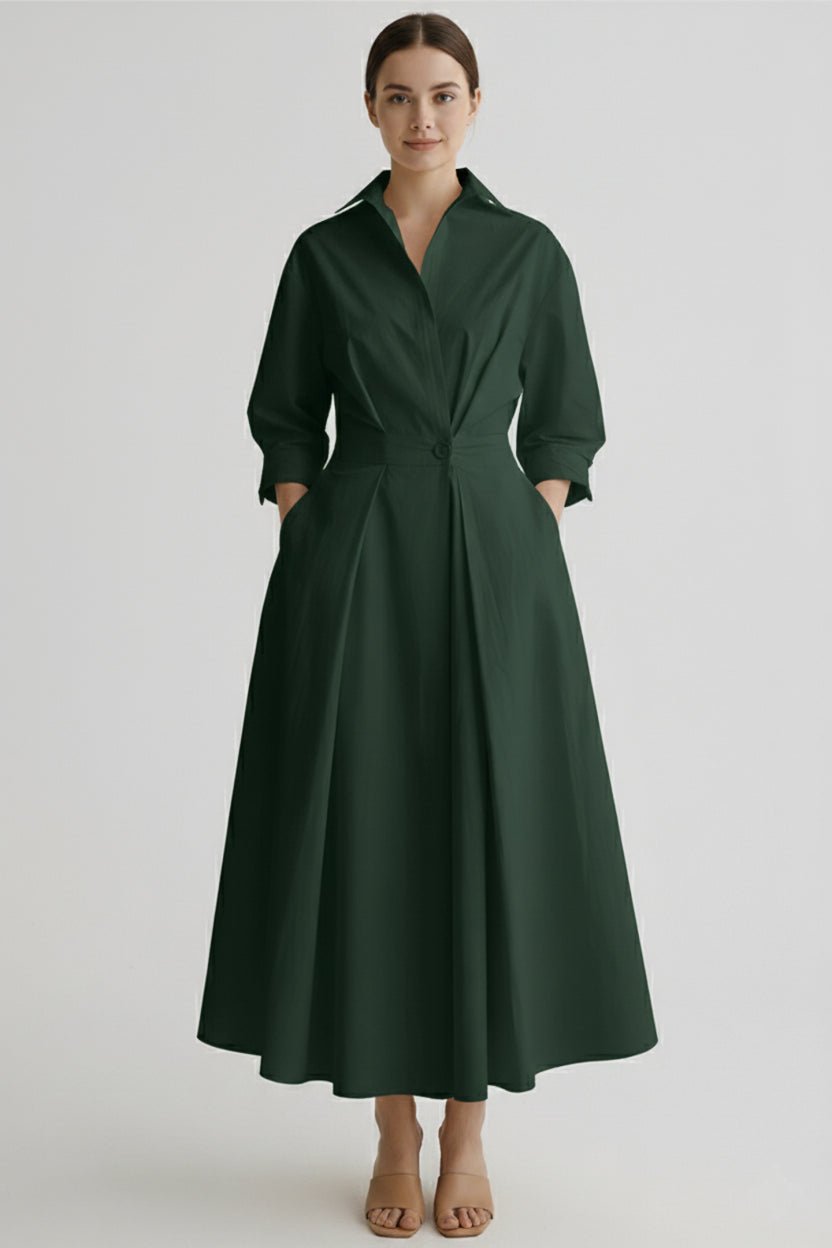 Wrap Collar Midi Dress Women Three-Quarter Sleeves Pleated Skirt