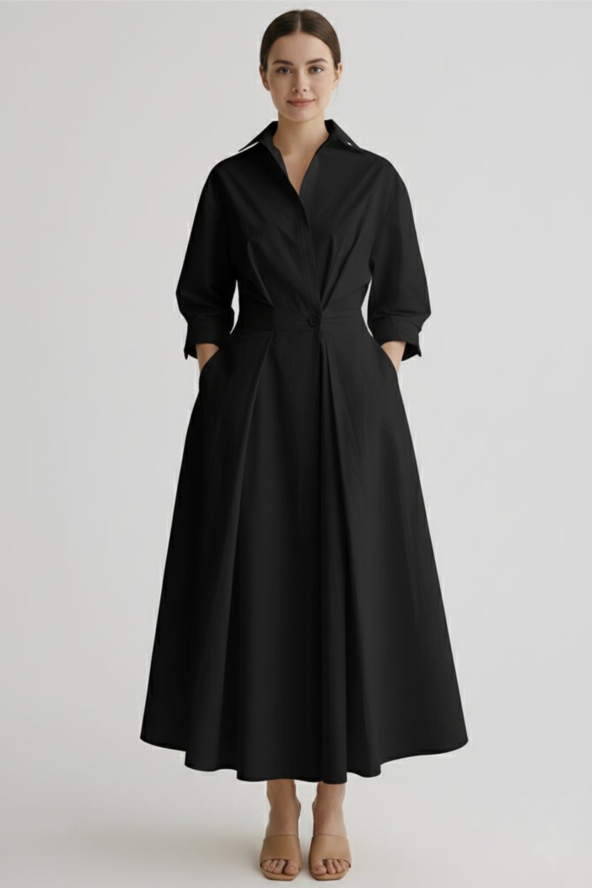 Wrap Collar Midi Dress Women Three-Quarter Sleeves Pleated Skirt
