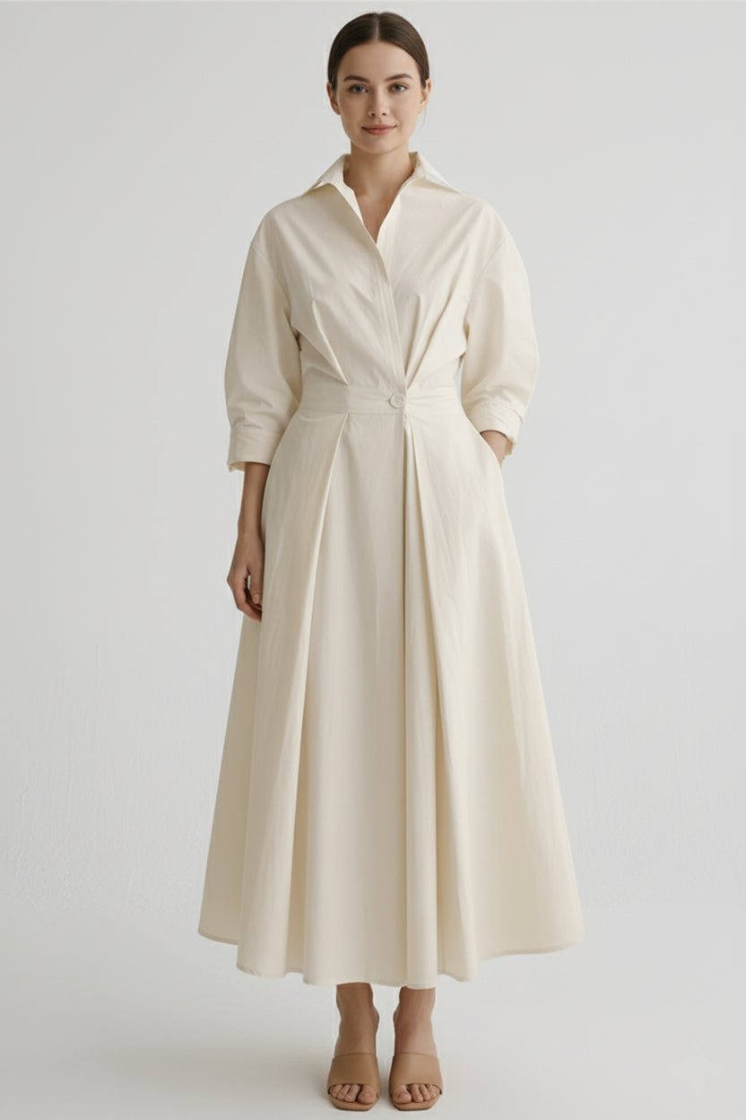 Wrap Collar Midi Dress Women Three-Quarter Sleeves Pleated Skirt