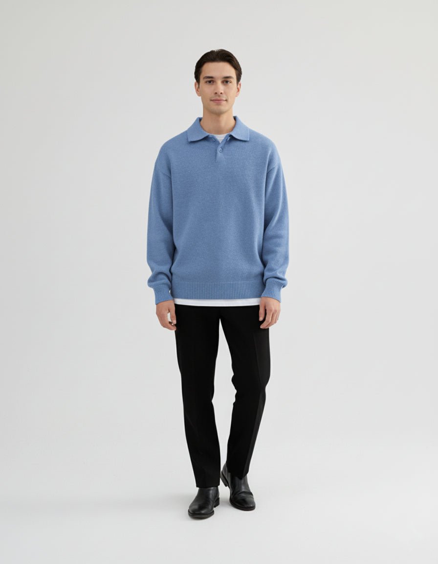 Men's Polo Sweater with Button Placket - Cozy Knitting for Autumn and Winter Wear