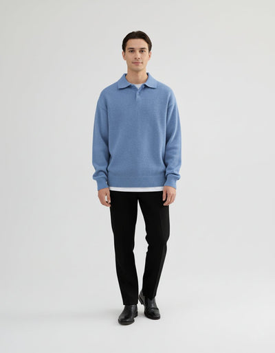Men's Polo Sweater with Button Placket - Cozy Knitting for Autumn and Winter Wear