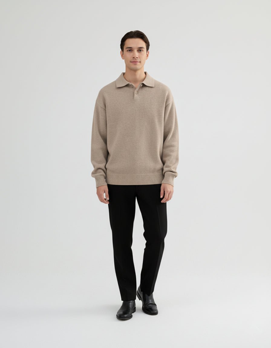 Men's Polo Sweater with Button Placket - Cozy Knitting for Autumn and Winter Wear