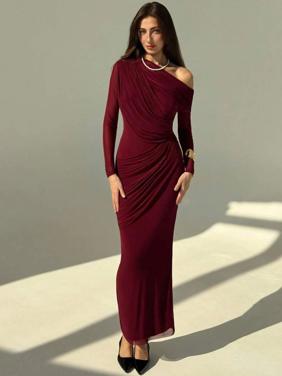 OLVRA - One Shoulder Ruched Mesh Bodycon Maxi Dress Burgundy
