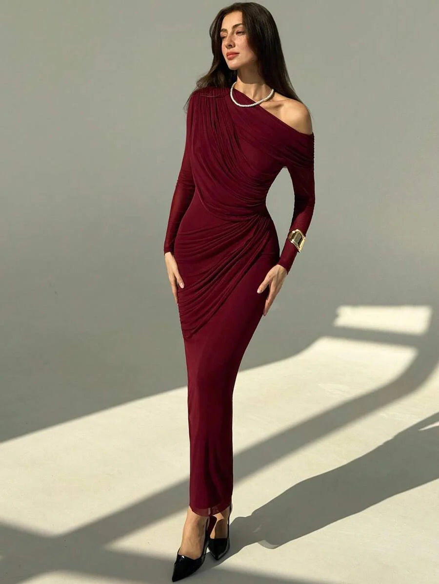 OLVRA - One Shoulder Ruched Mesh Bodycon Maxi Dress