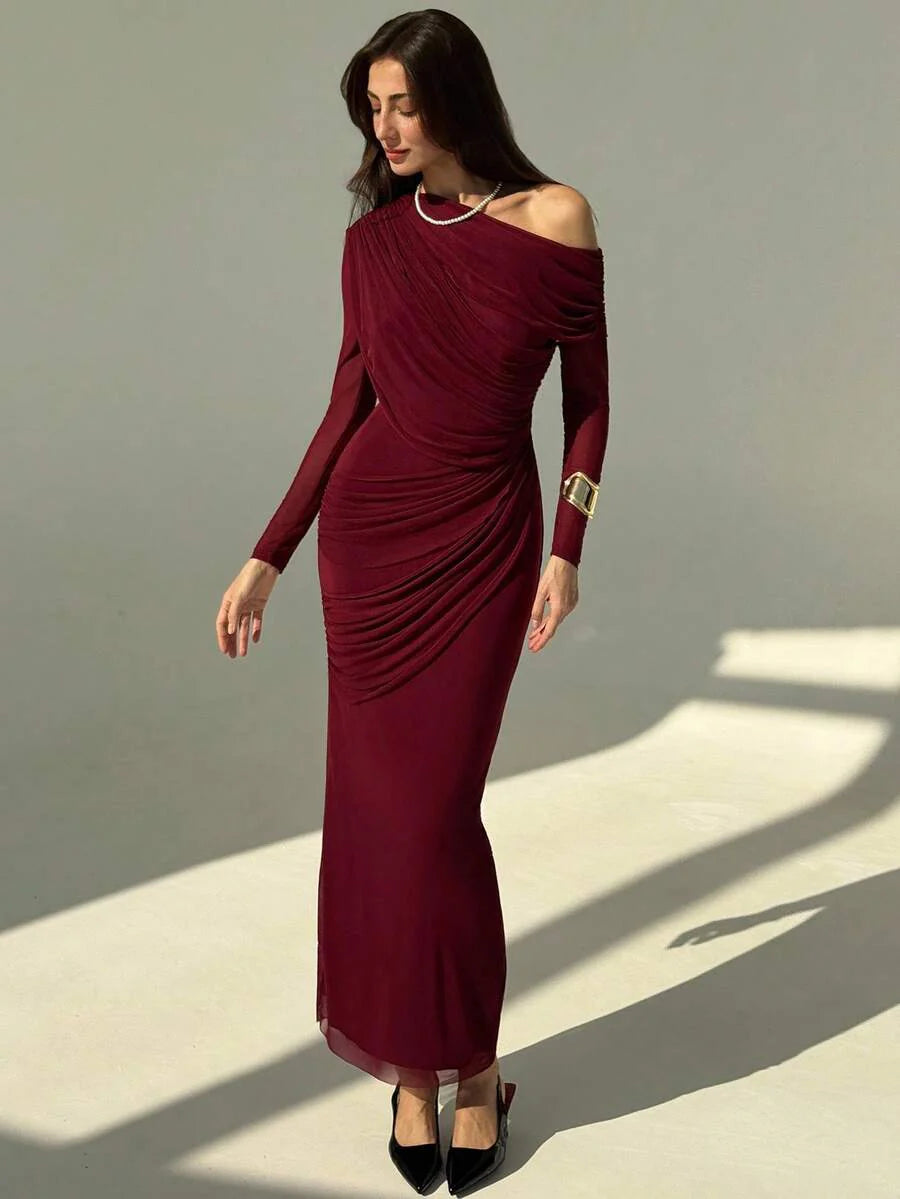 OLVRA - One Shoulder Ruched Mesh Bodycon Maxi Dress