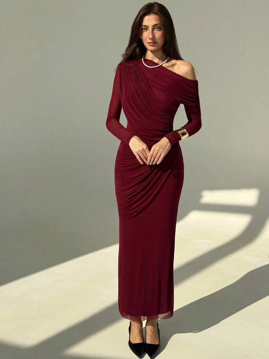OLVRA - One Shoulder Ruched Mesh Bodycon Maxi Dress