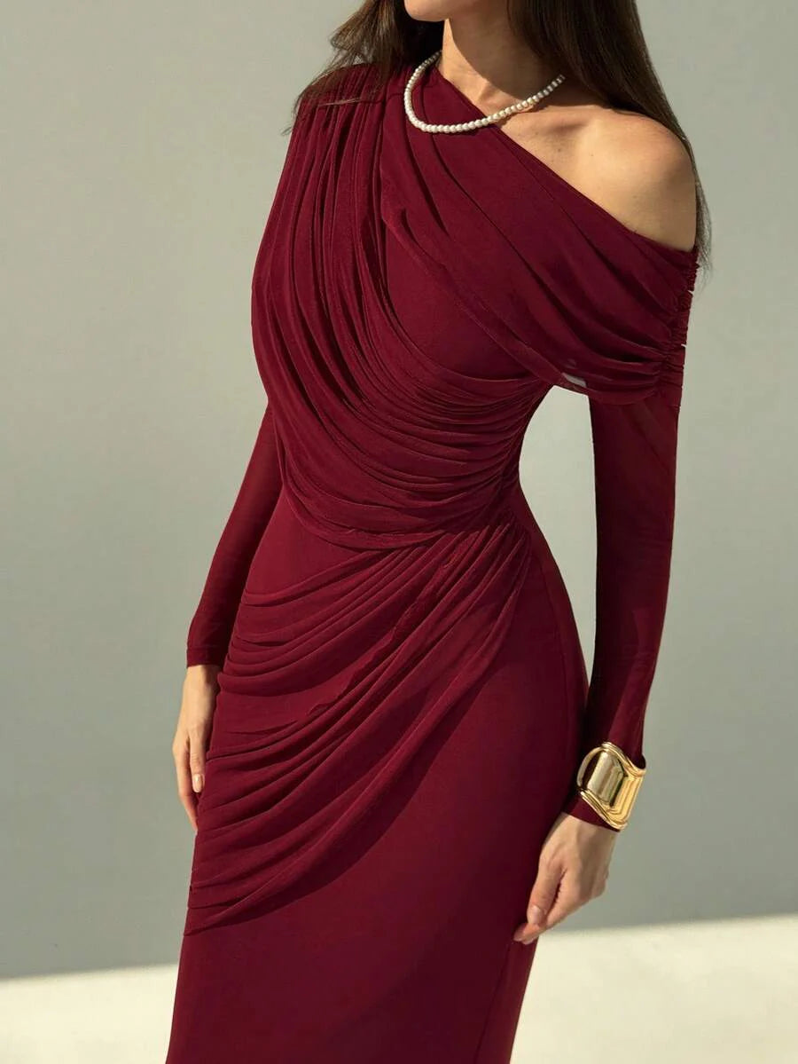OLVRA - One Shoulder Ruched Mesh Bodycon Maxi Dress