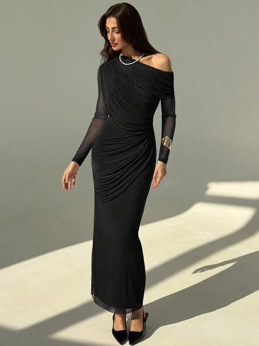 OLVRA - One Shoulder Ruched Mesh Bodycon Maxi Dress