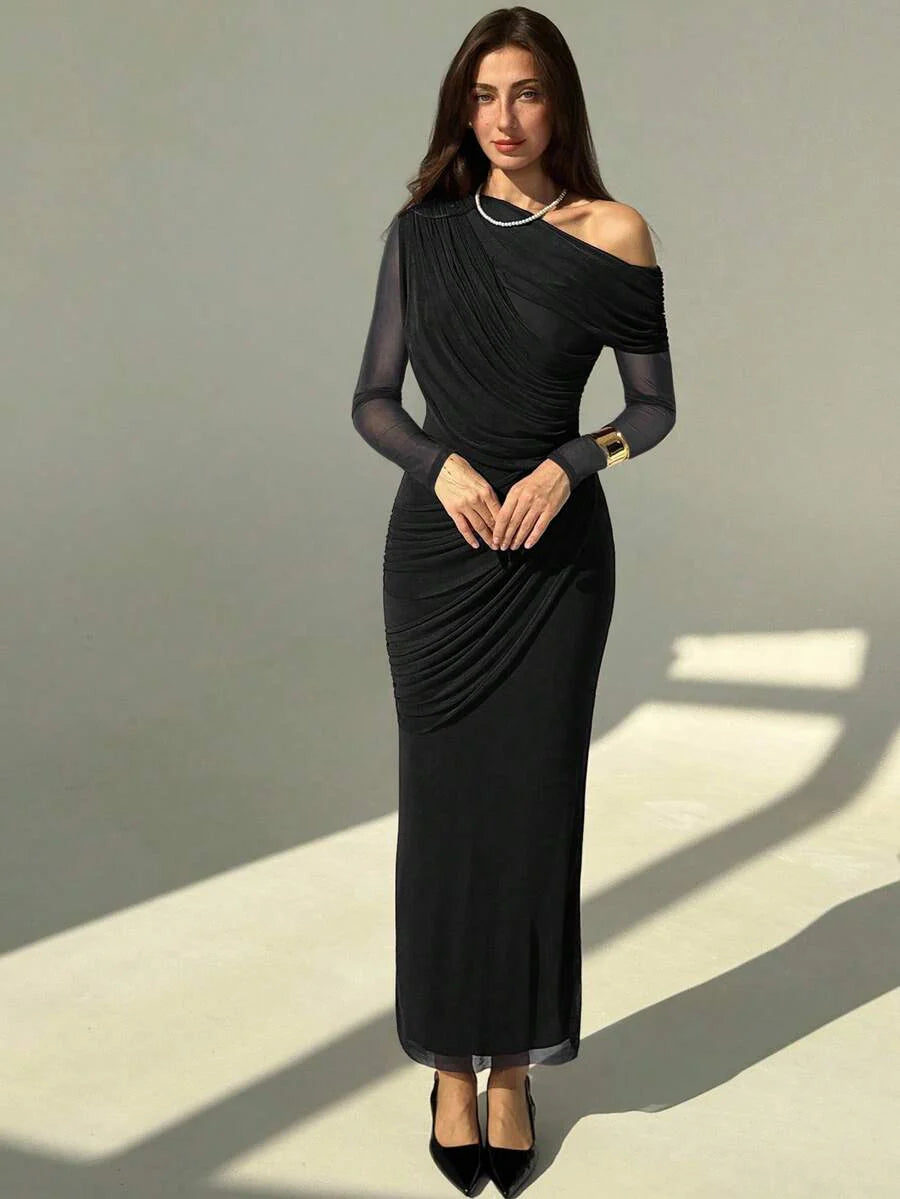 OLVRA - One Shoulder Ruched Mesh Bodycon Maxi Dress