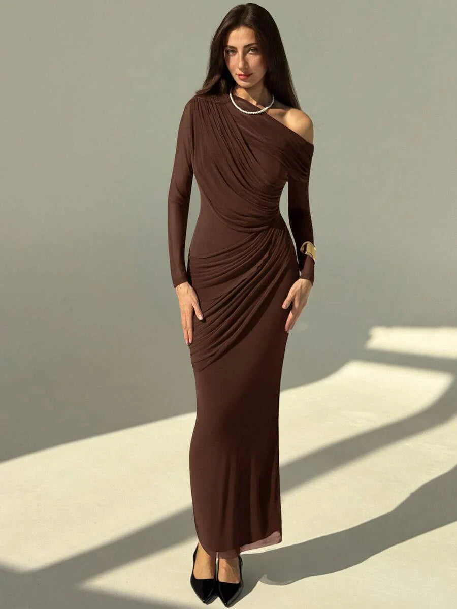 OLVRA - One Shoulder Ruched Mesh Bodycon Maxi Dress Coffee Brown