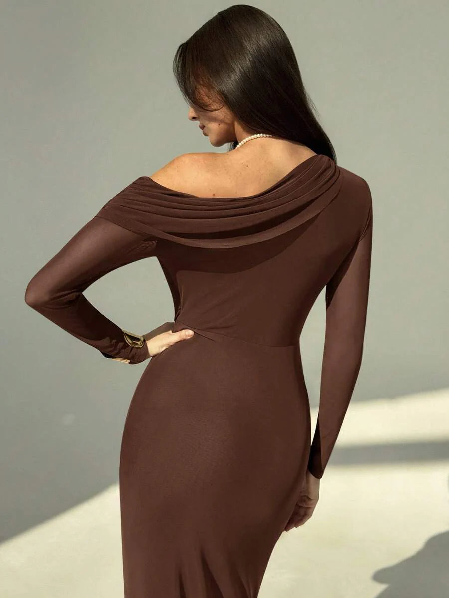 OLVRA - One Shoulder Ruched Mesh Bodycon Maxi Dress