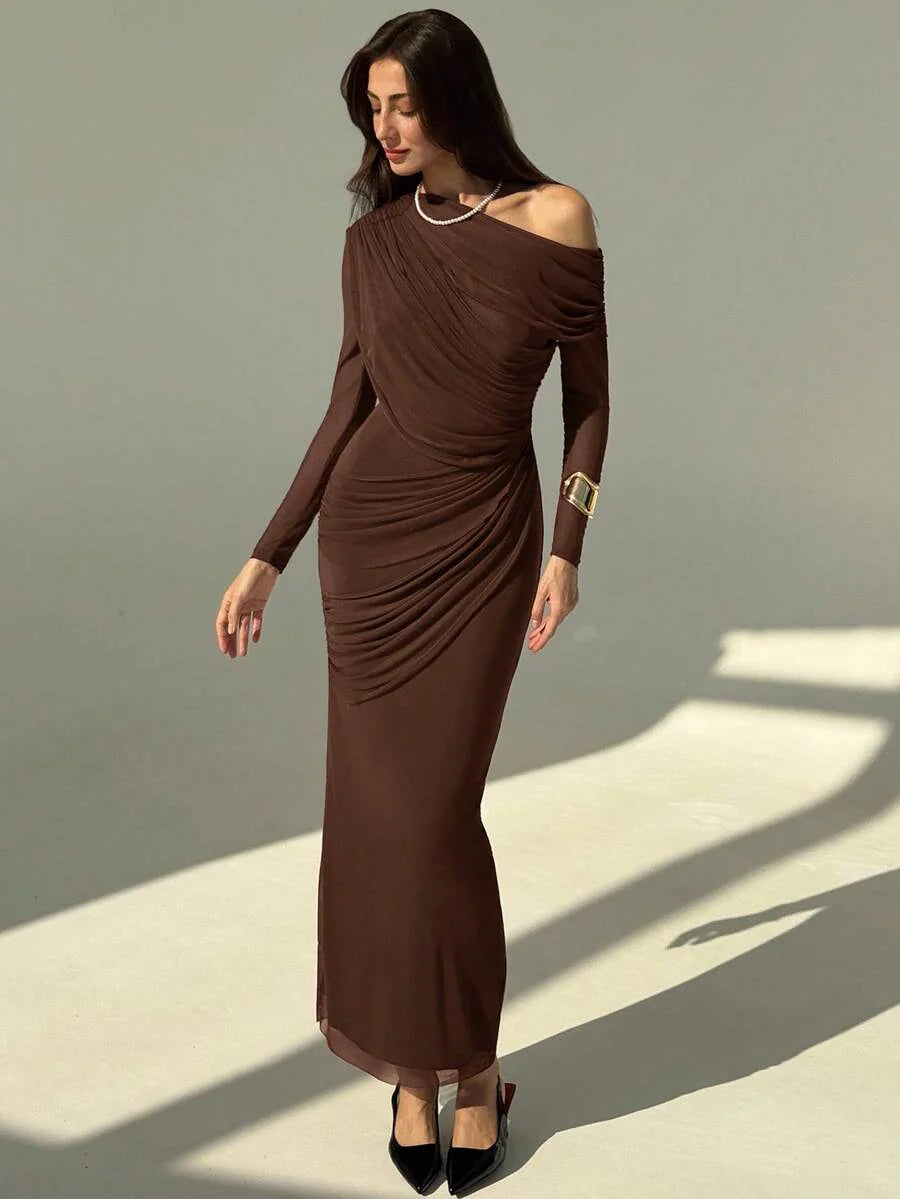 OLVRA - One Shoulder Ruched Mesh Bodycon Maxi Dress