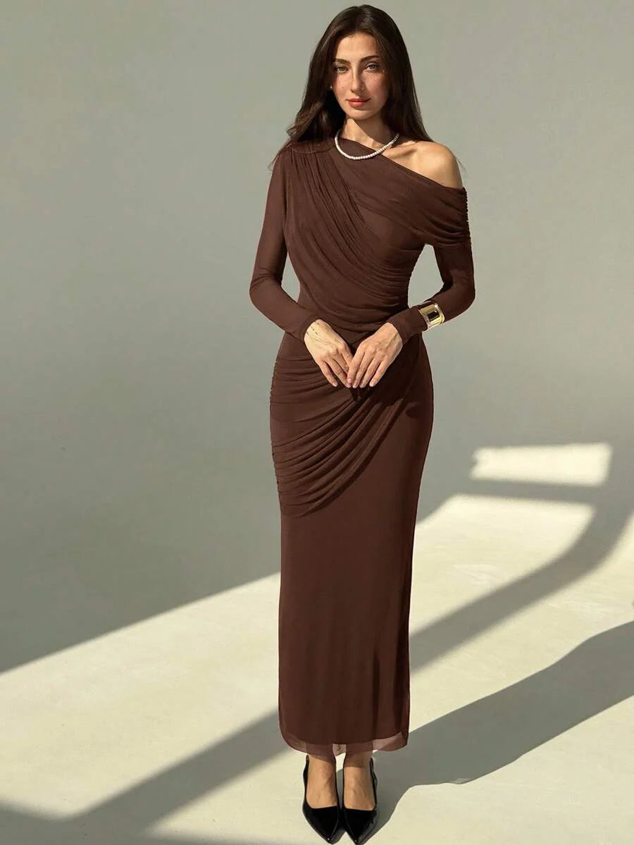 OLVRA - One Shoulder Ruched Mesh Bodycon Maxi Dress