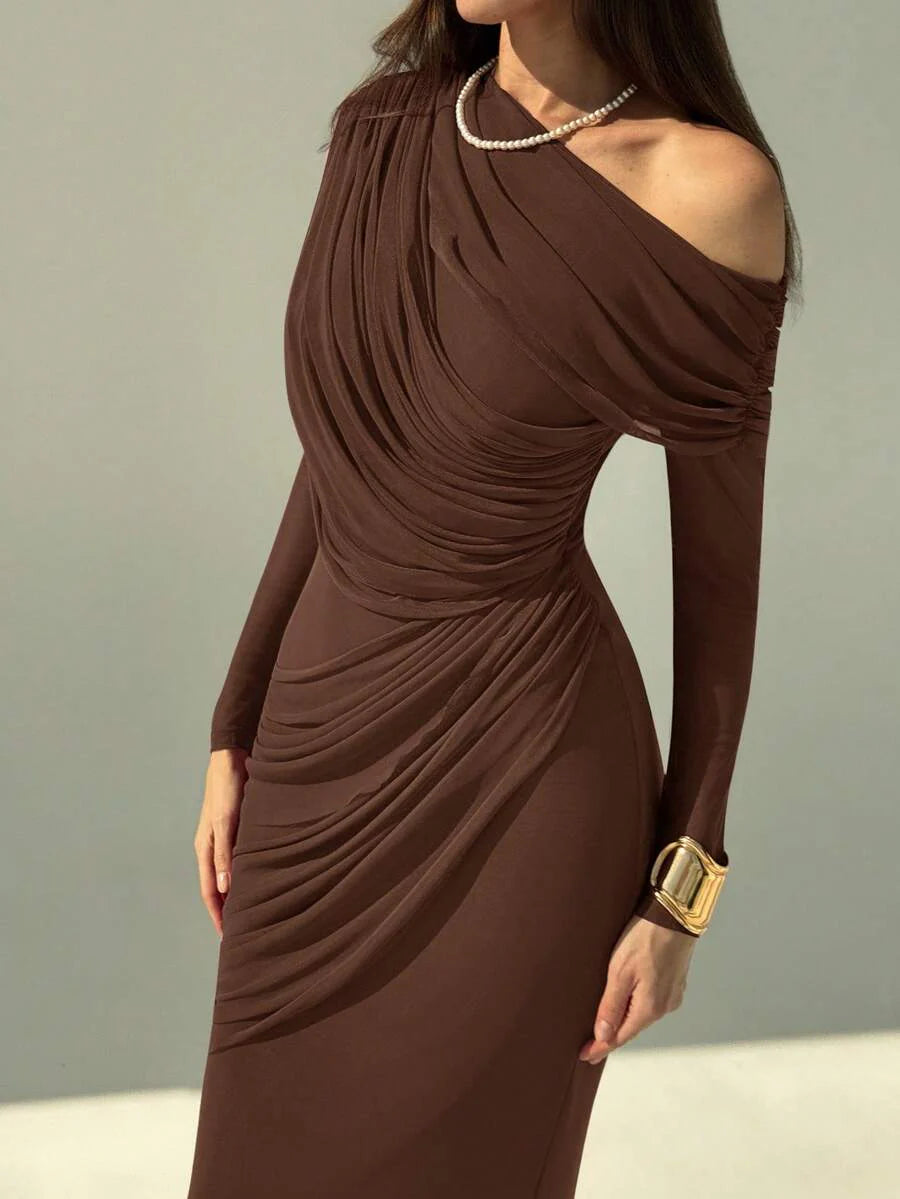 OLVRA - One Shoulder Ruched Mesh Bodycon Maxi Dress
