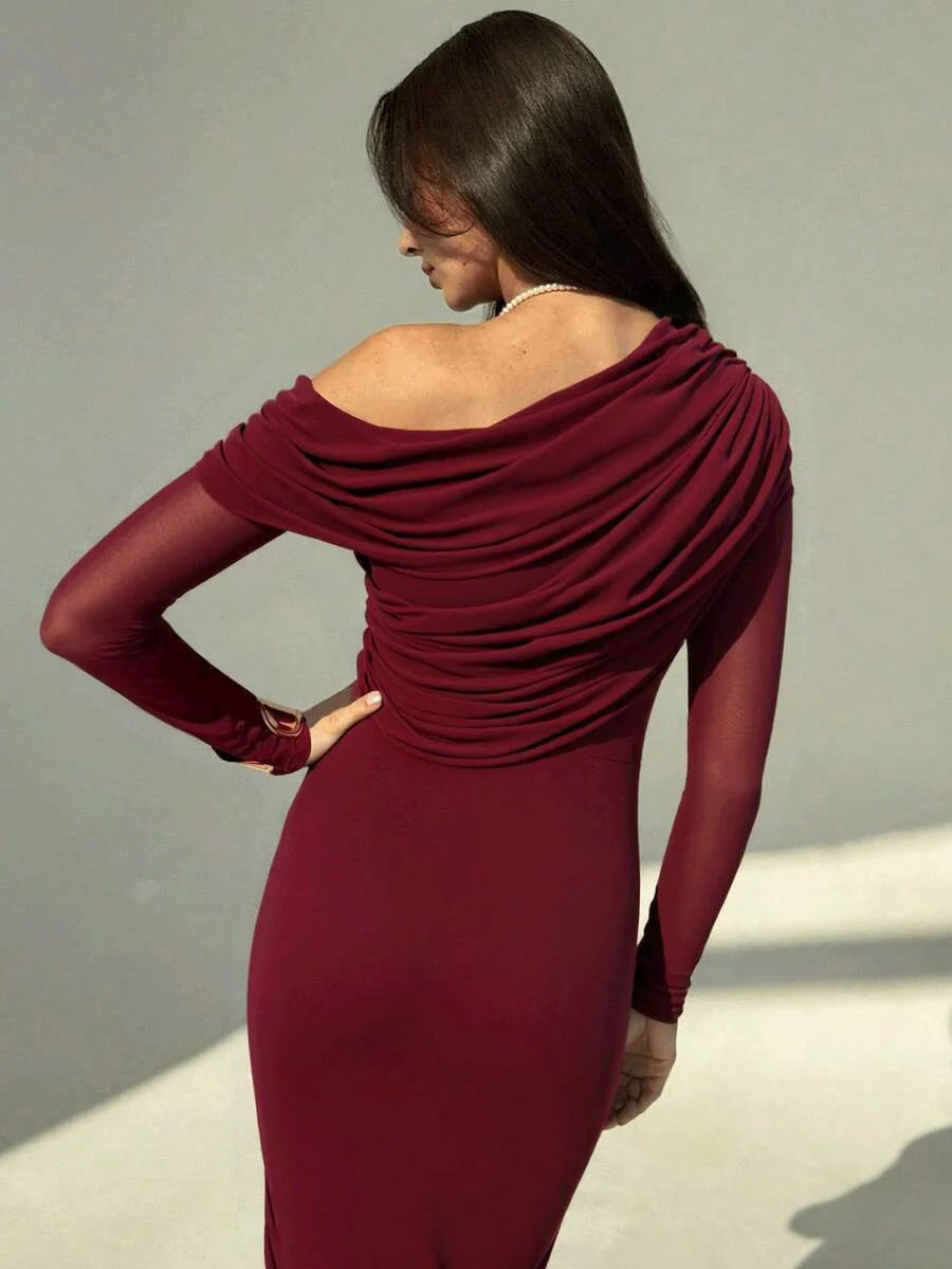 OLVRA - One Shoulder Ruched Mesh Bodycon Maxi Dress