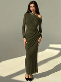 OLVRA - One Shoulder Ruched Mesh Bodycon Maxi Dress Olive Green