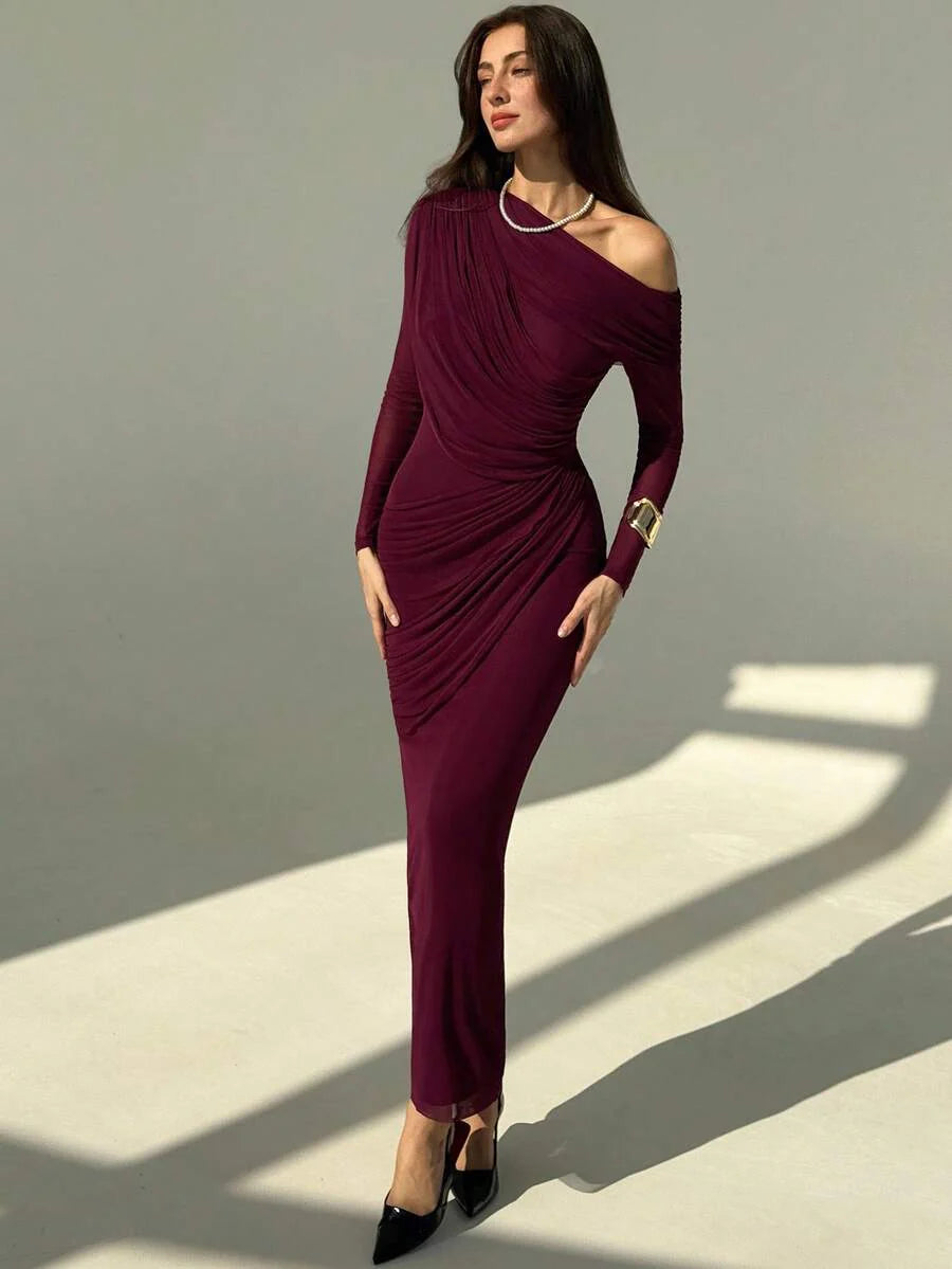 OLVRA - One Shoulder Ruched Mesh Bodycon Maxi Dress