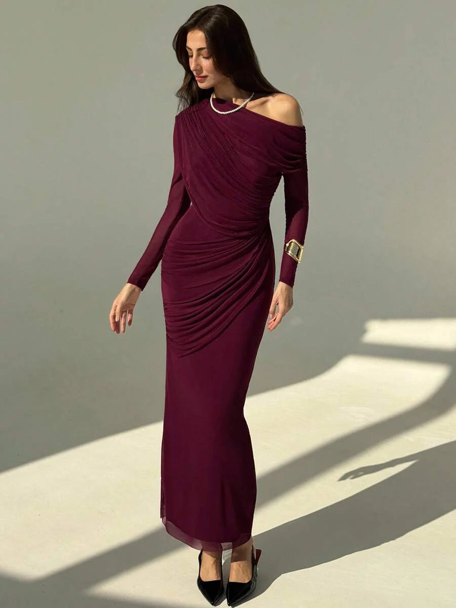 OLVRA - One Shoulder Ruched Mesh Bodycon Maxi Dress