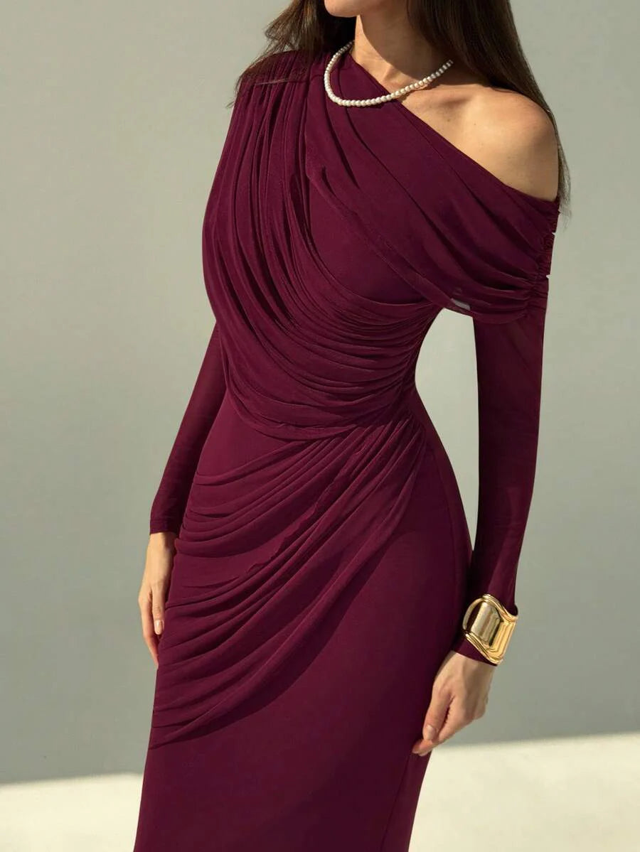 OLVRA - One Shoulder Ruched Mesh Bodycon Maxi Dress