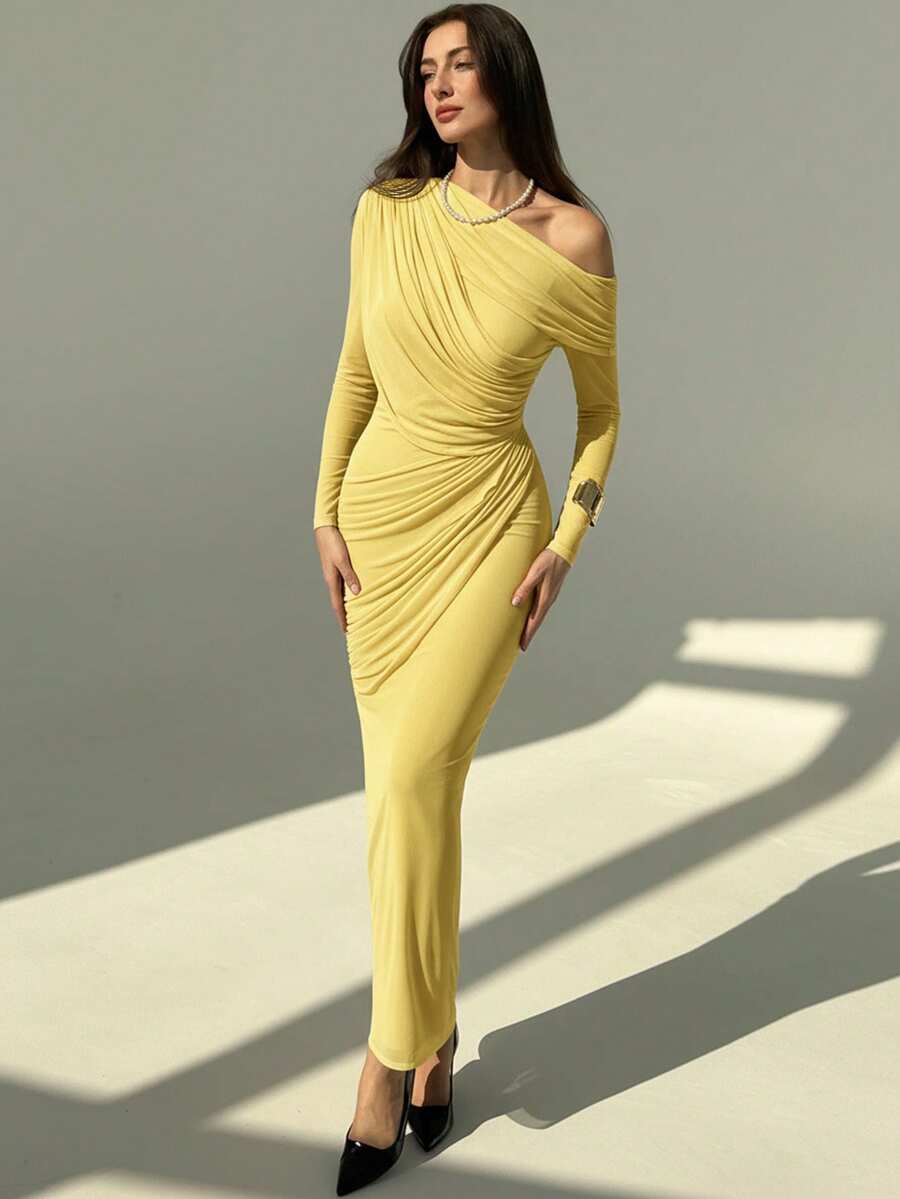 OLVRA - One Shoulder Ruched Mesh Bodycon Maxi Dress