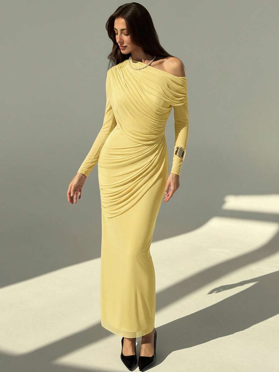 OLVRA - One Shoulder Ruched Mesh Bodycon Maxi Dress