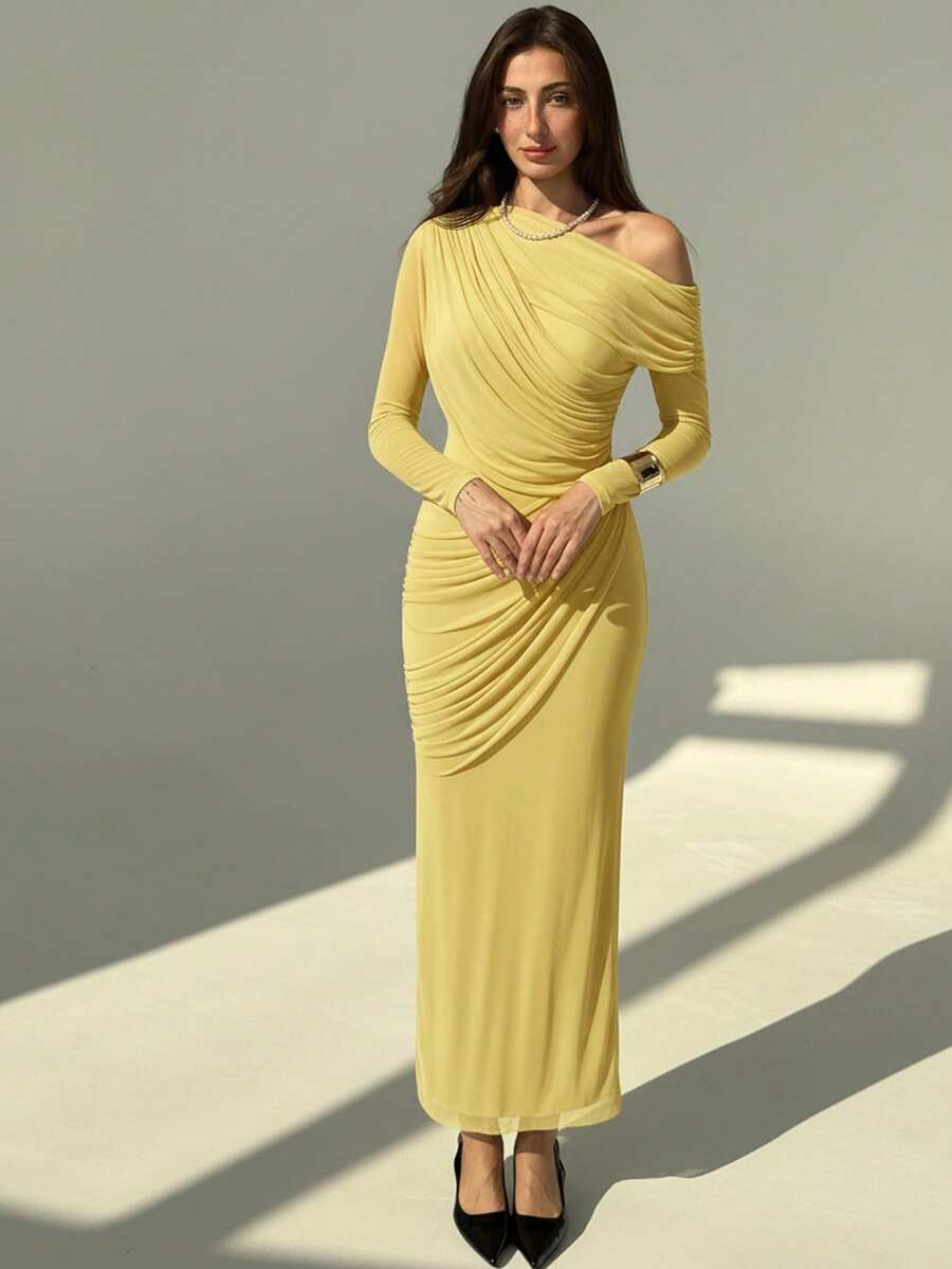 OLVRA - One Shoulder Ruched Mesh Bodycon Maxi Dress