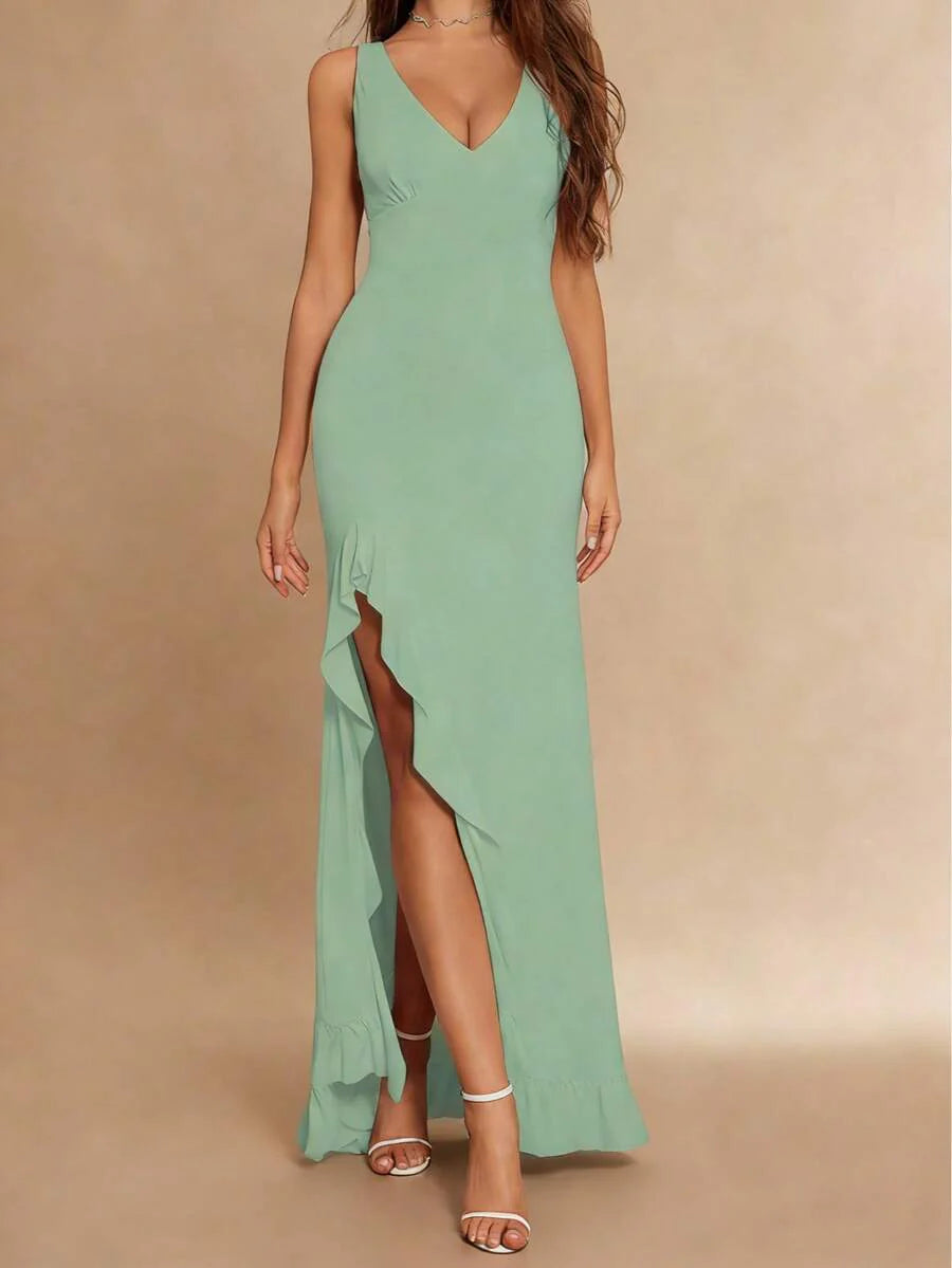 ROSÉVA – Asymmetrical Ruffle Hem V-Neck Maxi Dress