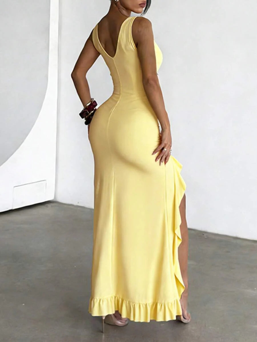 ROSÉVA – Asymmetrical Ruffle Hem V-Neck Maxi Dress