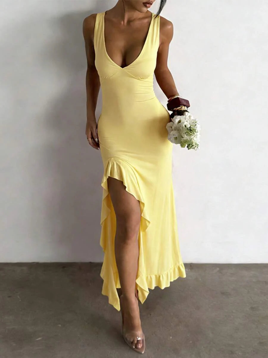 ROUGÉA – Asymmetrical V-Neck Backless Maxi Dress