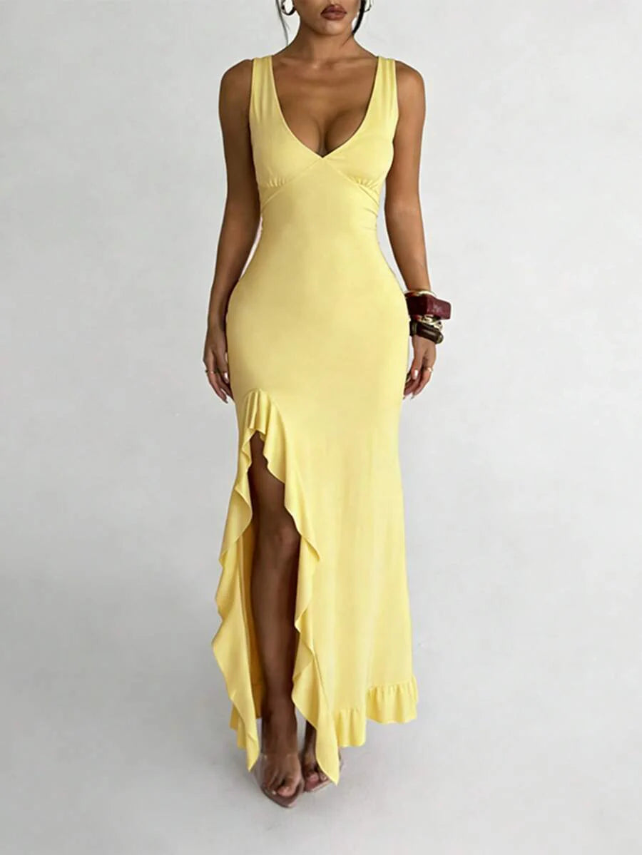 ROSÉVA – Asymmetrical Ruffle Hem V-Neck Maxi Dress