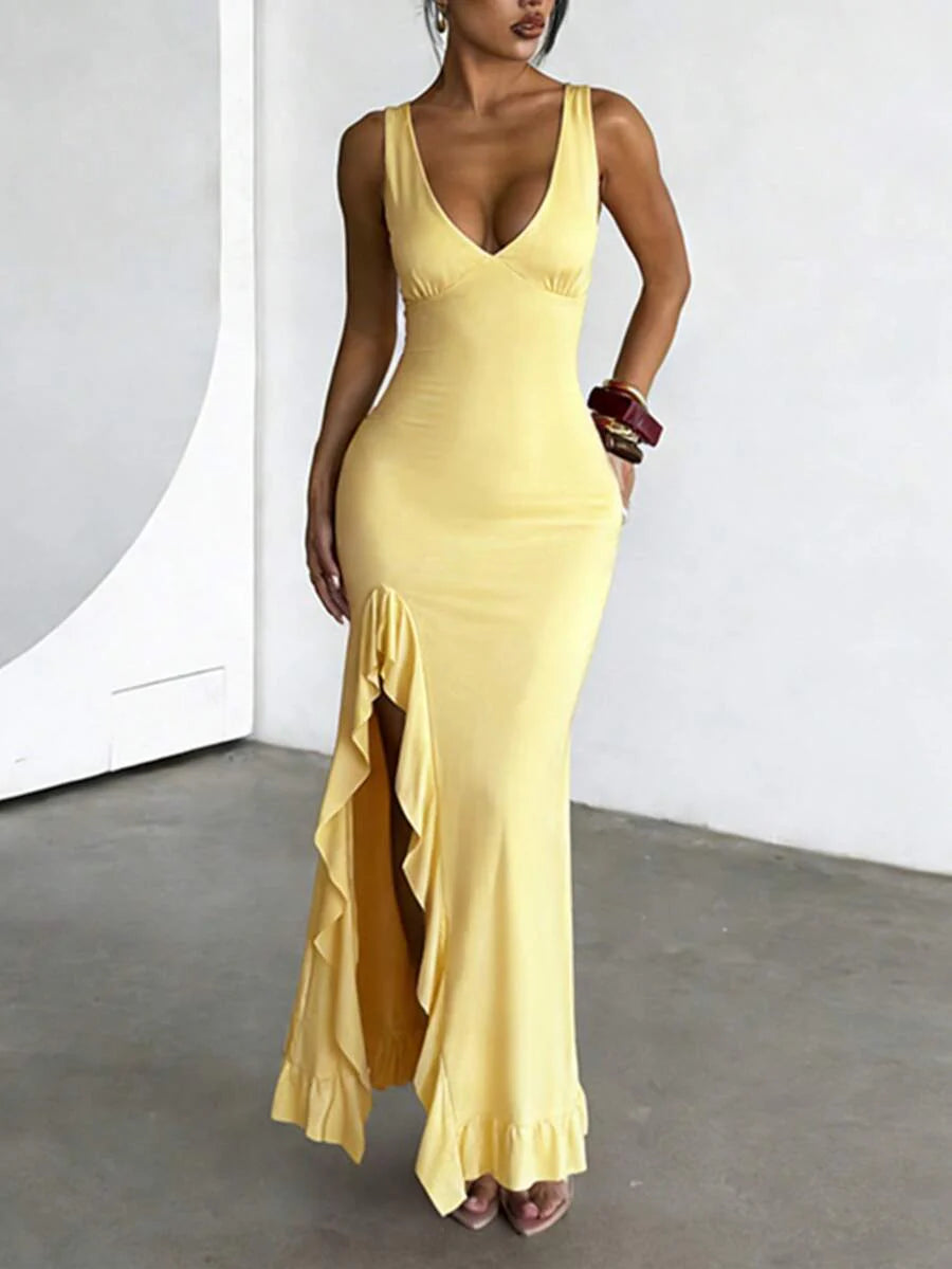 ROSÉVA – Asymmetrical Ruffle Hem V-Neck Maxi Dress