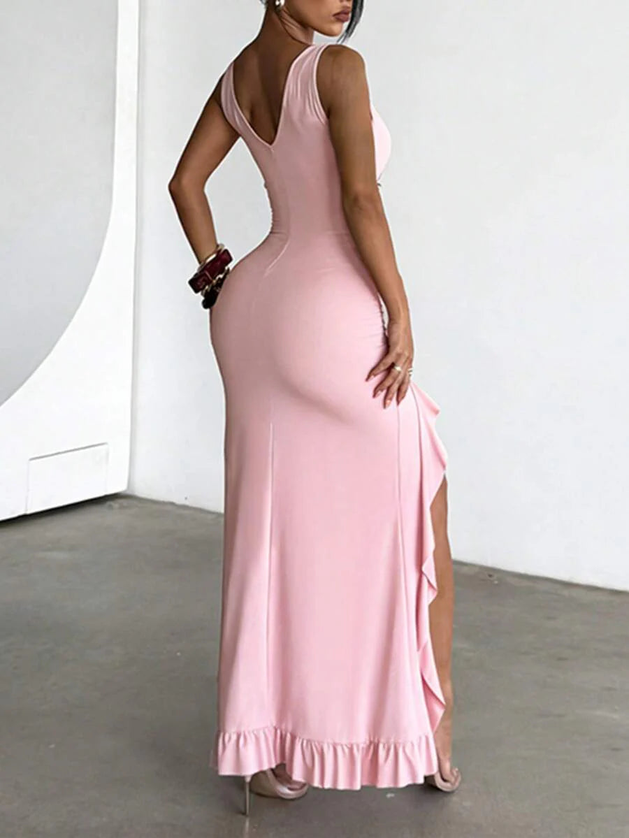 ROSÉVA – Asymmetrical Ruffle Hem V-Neck Maxi Dress