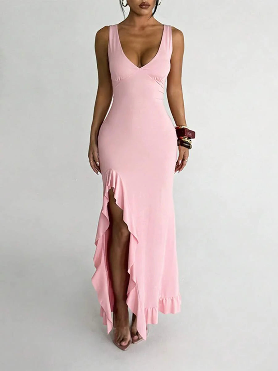 ROSÉVA – Asymmetrical Ruffle Hem V-Neck Maxi Dress