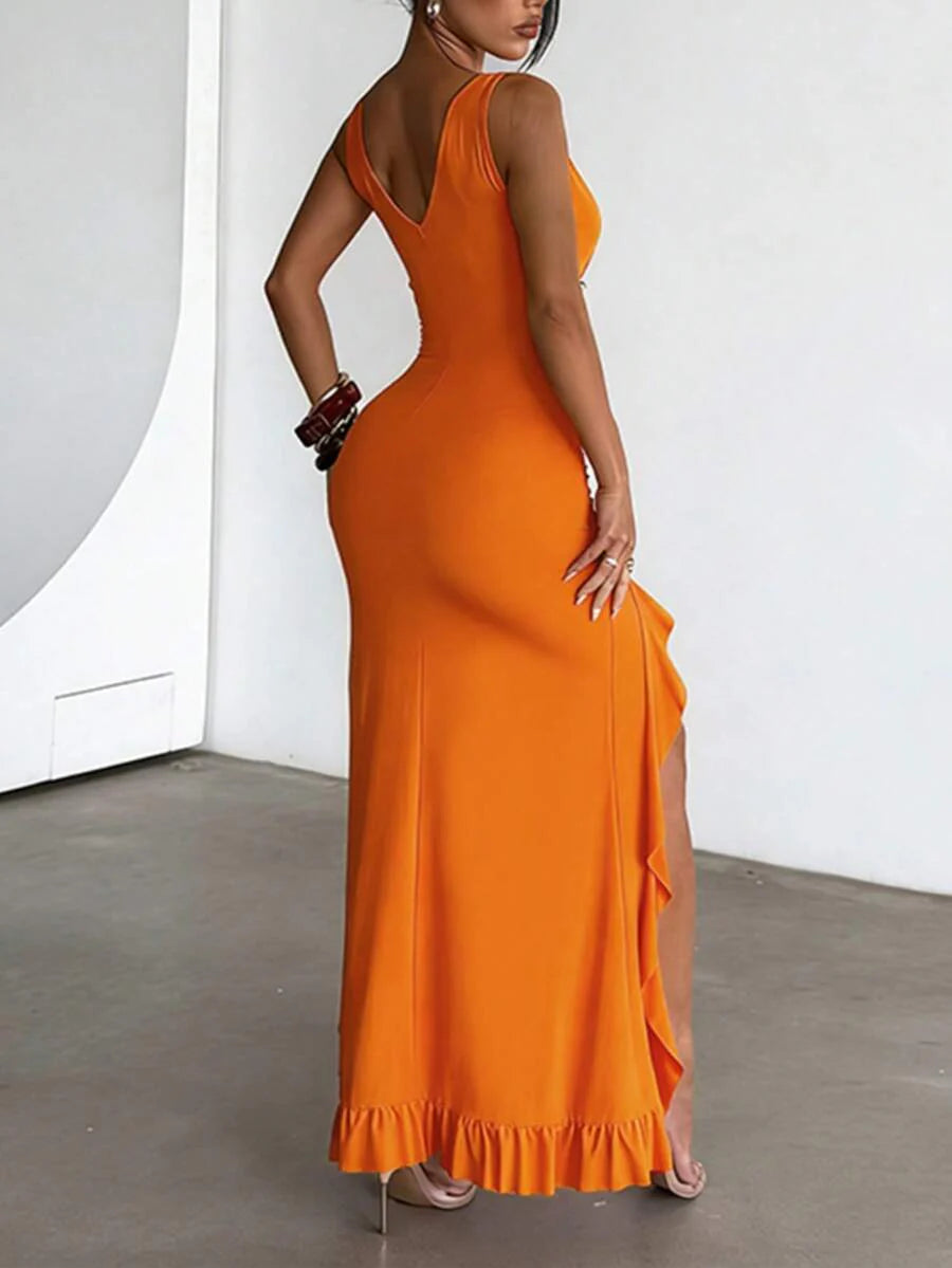 ROSÉVA – Asymmetrical Ruffle Hem V-Neck Maxi Dress
